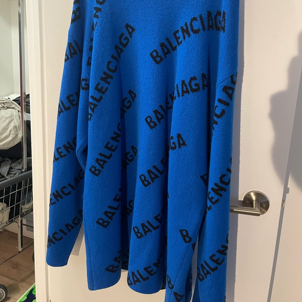Balenciaga MEN'S ALLOVER LOGO SWEATER IN BLUE